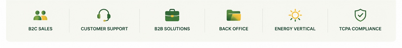 B2C Sales, Customer Support, B2B Solutions, Back Office, Energy Vertical, TCPA Compliance